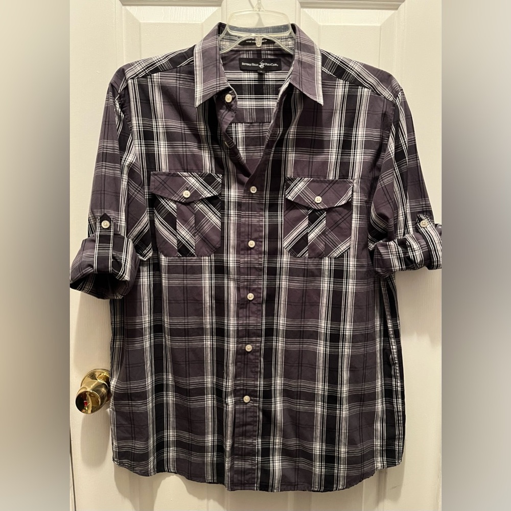 Beverly Hills Polo Club Shirt Size L Gray Plaid Button Up Roll Tab Long Sleeve
